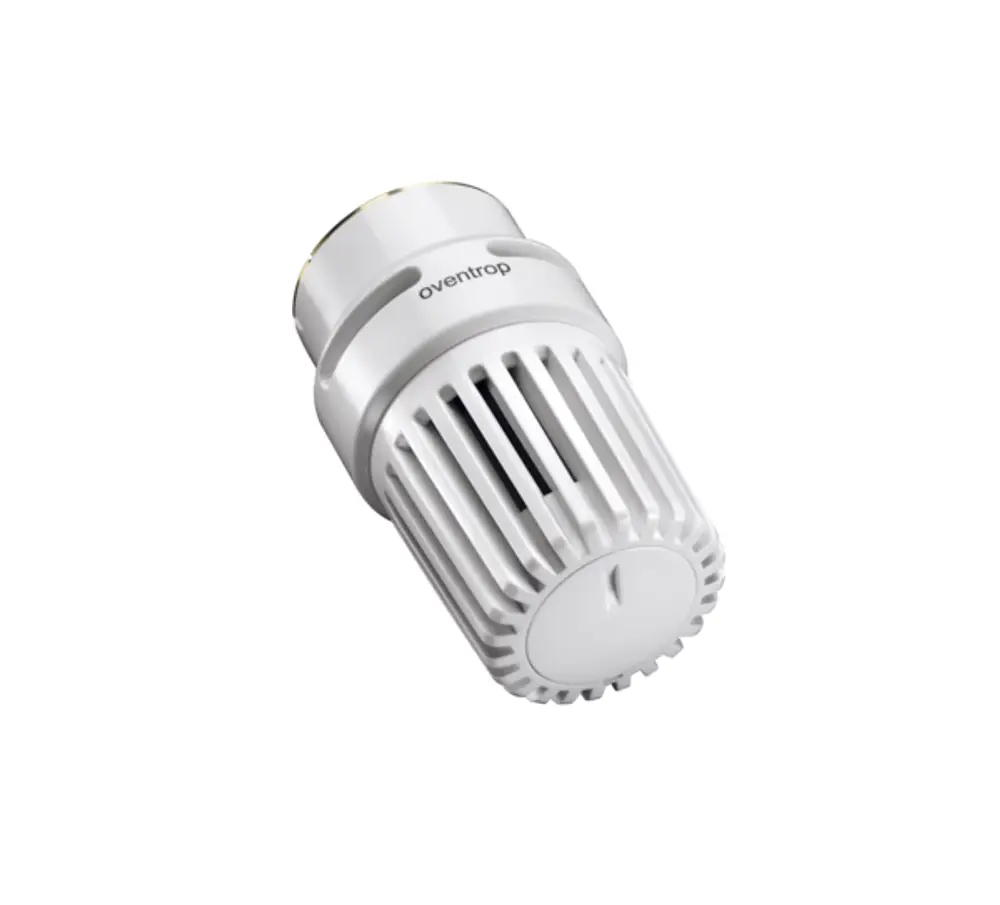 Thermostat von Oventrop in Weiß, zylindrische Form mit Lamellenstruktur, geeignet für Heizungsanlagen.